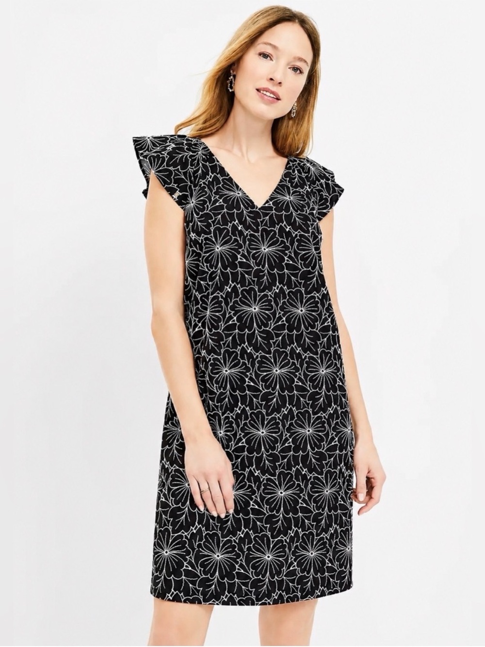 LOFT Floral Embroidered Flutter Sleeve Shift Dress M Flowy 100% Cotton NWT $100
